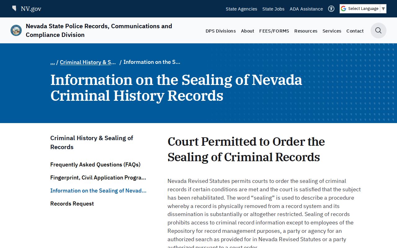 Douglas County criminal record sealing guidance in Nevada