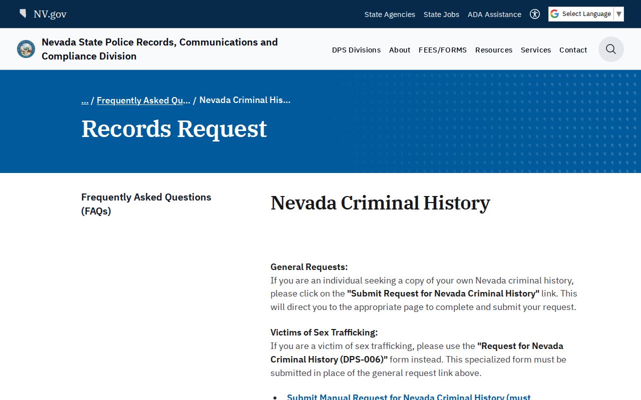Douglas County criminal history Nevada RCCD request page